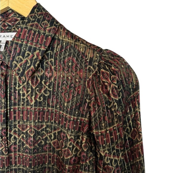 NEW! FRAME Silk Button Up in Deep Moss Multi Top Blouse M - Picture 5 of 8